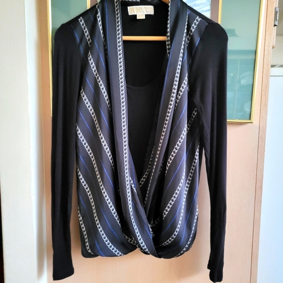 Michael Kors Black and Blue Cardigan with Draped V-Neck - Picture 1 of 6